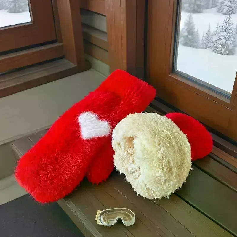 

Зимние перчатки на толстой флисовой подкладке, женские модные корейские красные сердечки, дизайн из искусственного меха норки, велосипедные морозостойкие варежки, студенческий подарок