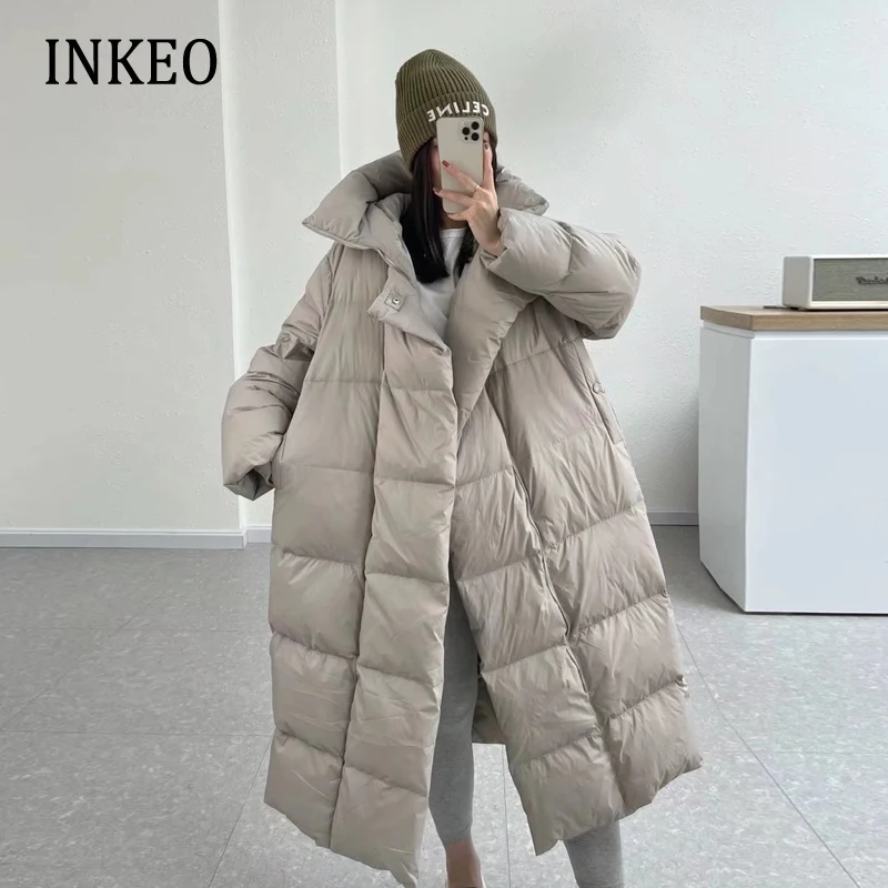 INKEO-parkas blancas de estilo coreano para mujer, chaqueta de plumón con capucha cálida de gran tamaño con fajas, Abrigo acolchado para mujer, Invierno 2022 2O097