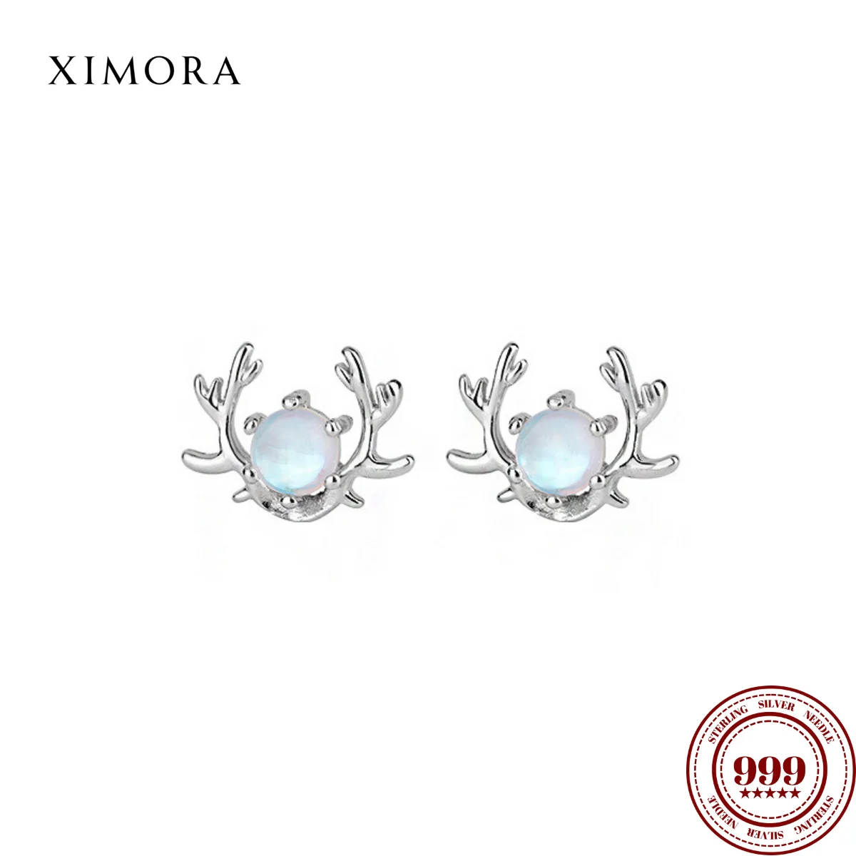 

XIMORA S999 Sterling Silver Moonstone Reindeer Earring Set Women's Antler Earring Christmas Jewelry boucles d'oreilles femme