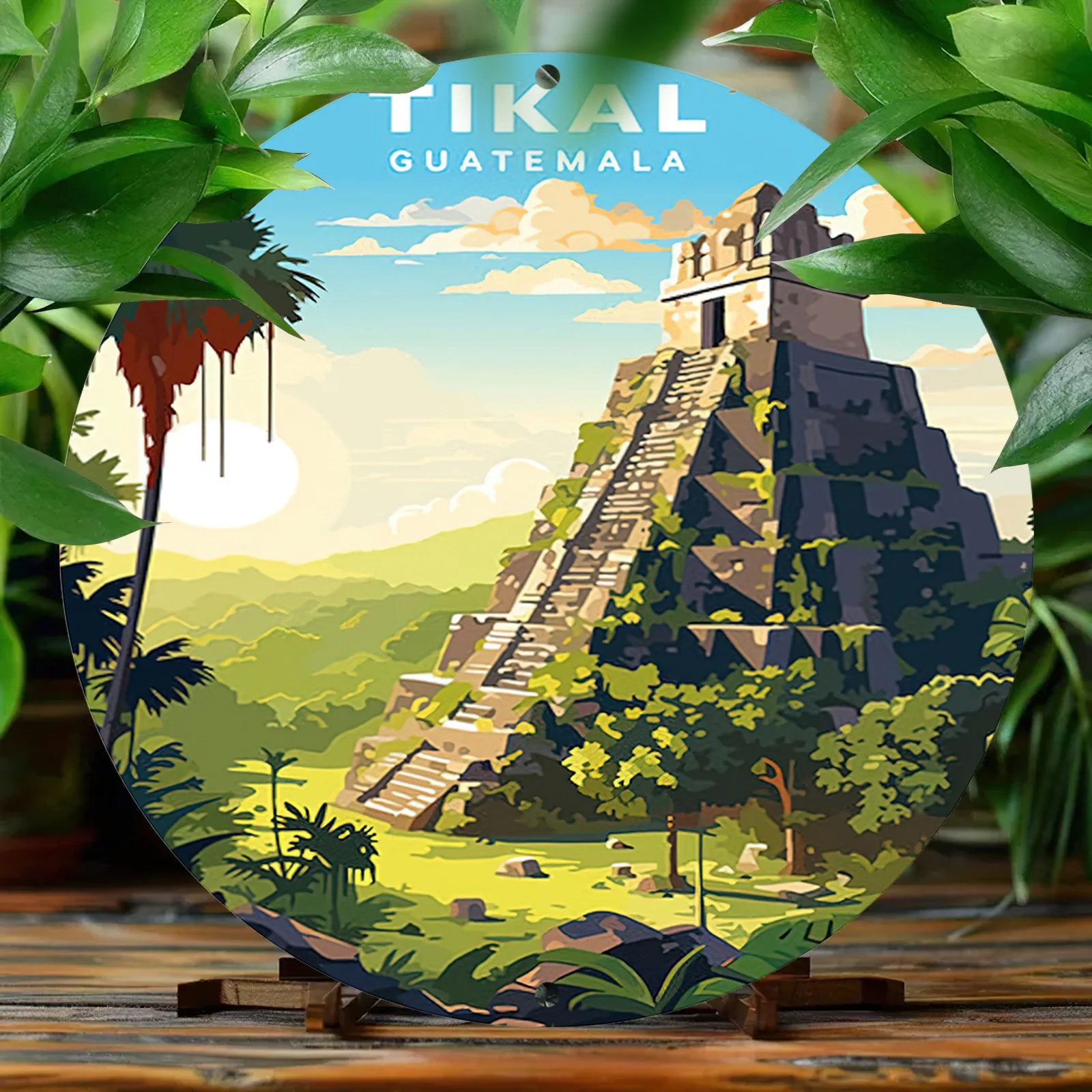 1 pieza de cartel metálico de aluminio con temática de Tikal, Guatemala - Obra de arte redonda de inspiración vintage, decoración de pared impresa en HD para el hogar y el jardín, pre-pintado.