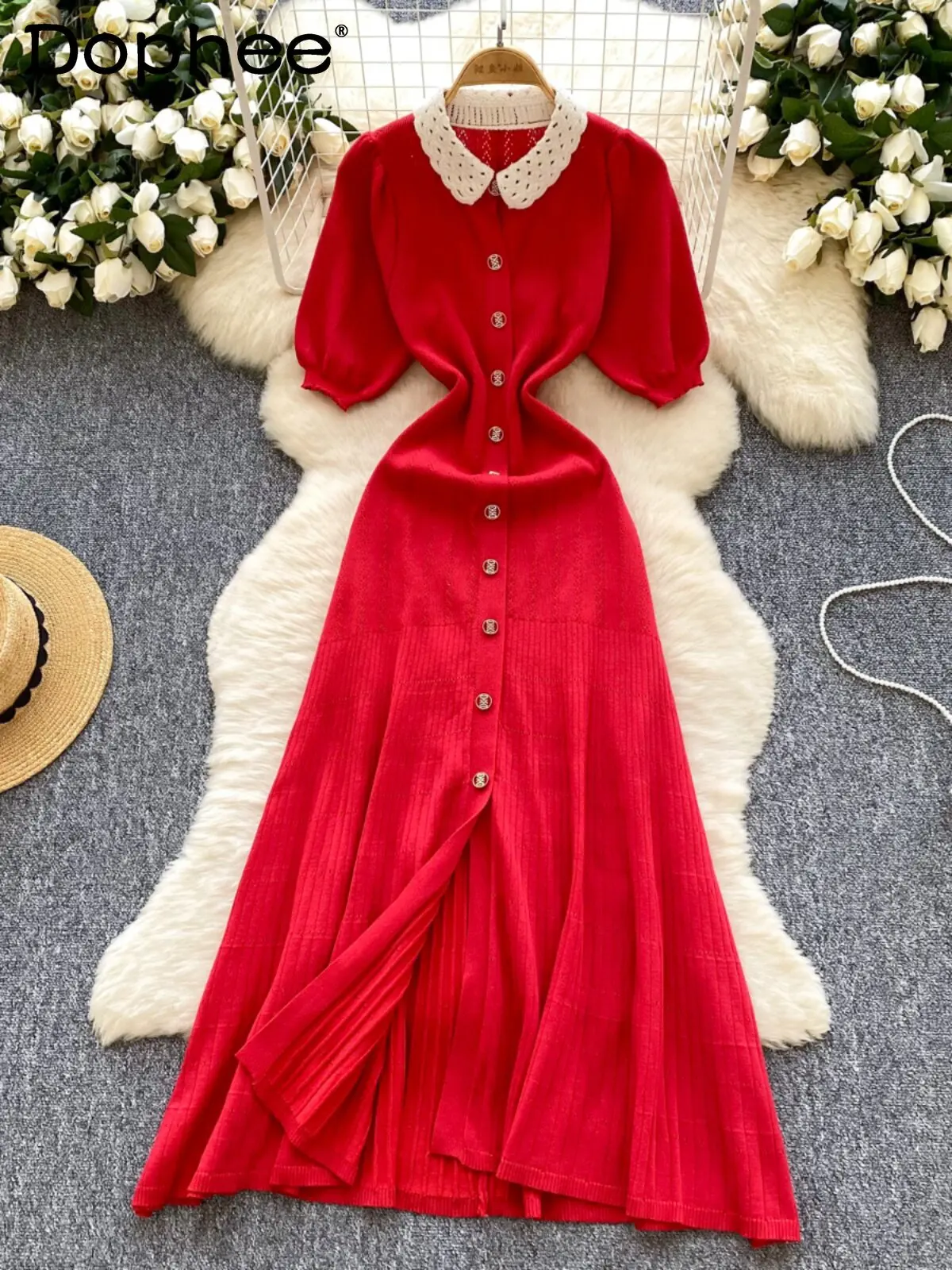 

French-style Elegant Women's Knitted Short-sleeve Dress 2026 Summer New Model Single-breasted Design Stylish Long Dress