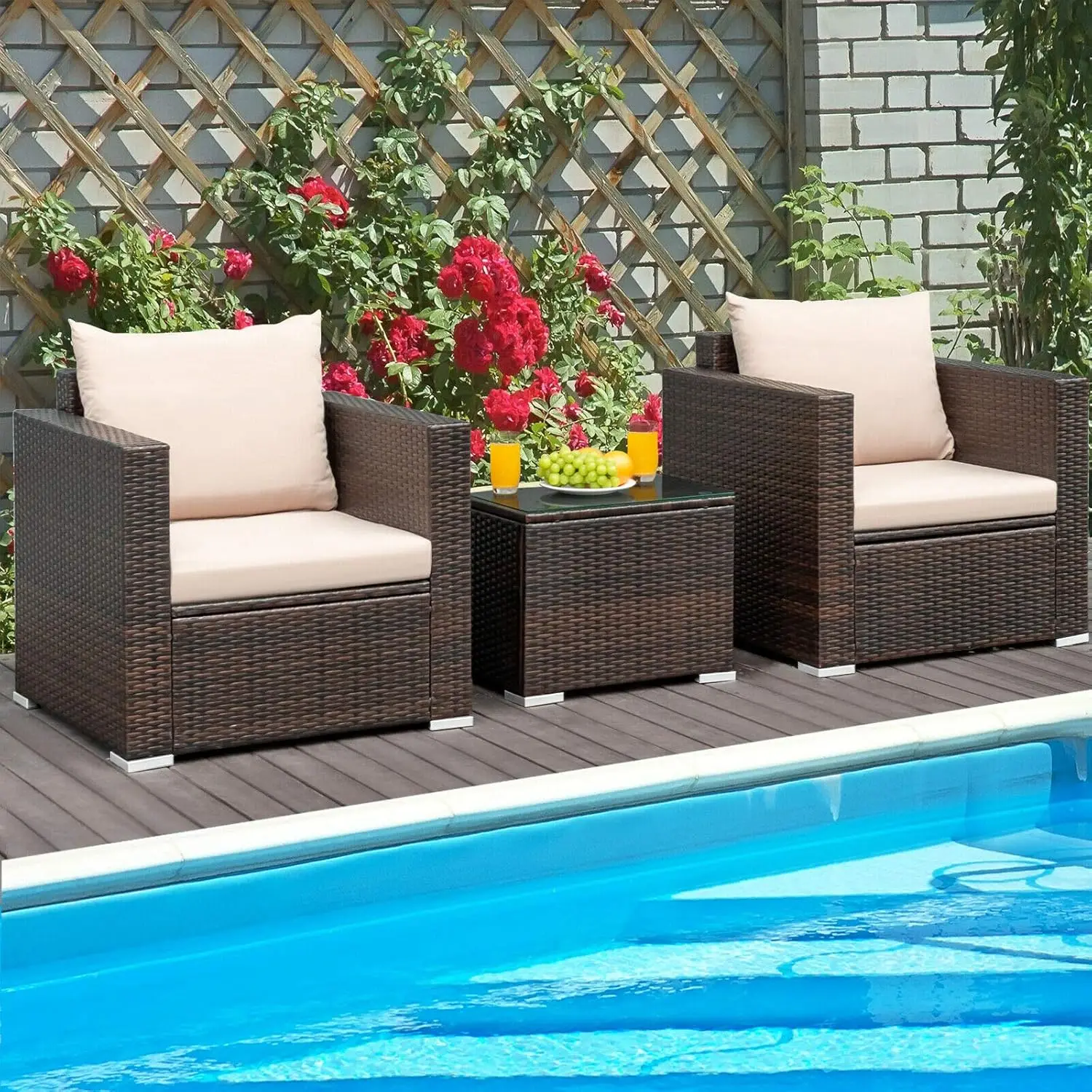 3PCS Patio Furniture Set with Coffee Table Outdoor Rattan Wicker Conversation Sofa Set with Washable Cushions for Garden Poolsid