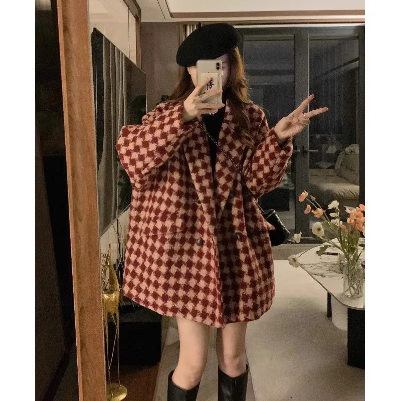 

Красное шерстяное пальто в клетку больших размеров, женское осенне-зимнее свободное утягивающее пальто, хлопковый фланелевой костюм Thiened Jaet