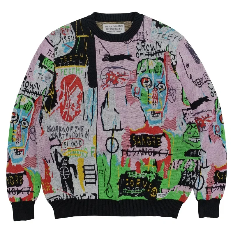 Newest WACKO MAR Autumn Knit Crewneck Sweater Graffiti Pattern Cotton Keep Warm Hip Hop Casual Style