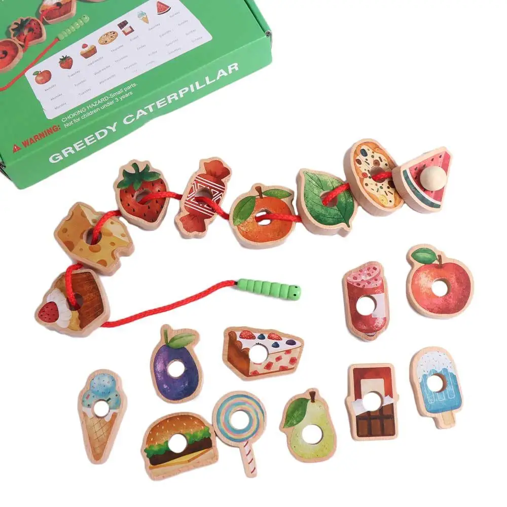 Caterpillar Food Stringing Threading Beads Toys Food Matching Sorting Wooden Baby Threading Games Intelligence Development