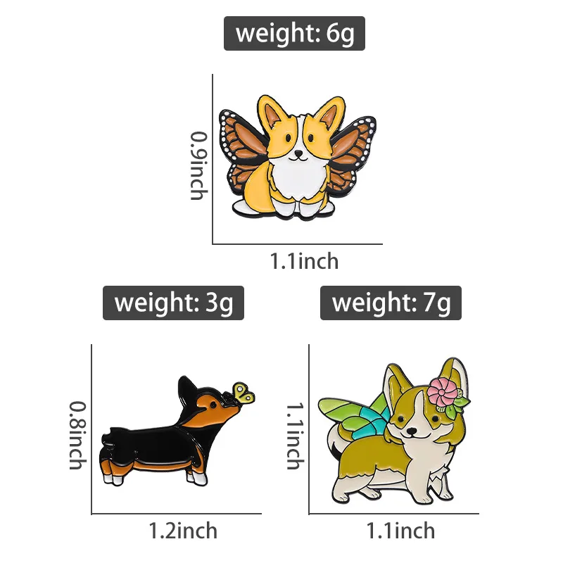 Cute Corgi Shape Enamel Pins Fairy Corgi with Butterfly with Tail Brooches Lapel Badge Backpack Clothes Accessories Jewelry Gift