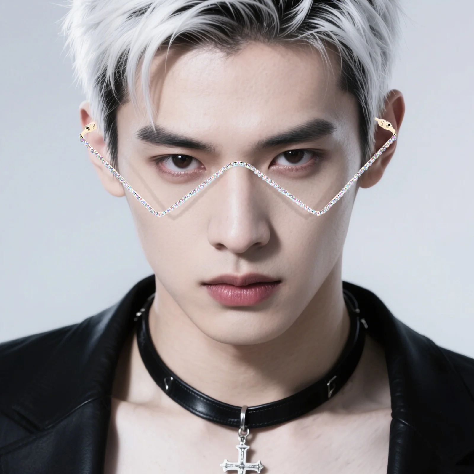 

2Pcs V Shape Plastic Rhinestone Metal Eyeglass Frame Lensless Fashionable Party Business Wear Stylish Sparkling Frames