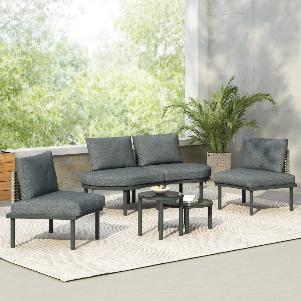 

6-piece outdoor segmented sofa set, equipped with 2 high and low coffee tables, PE rattan, 4 pillows and cushions,Gray