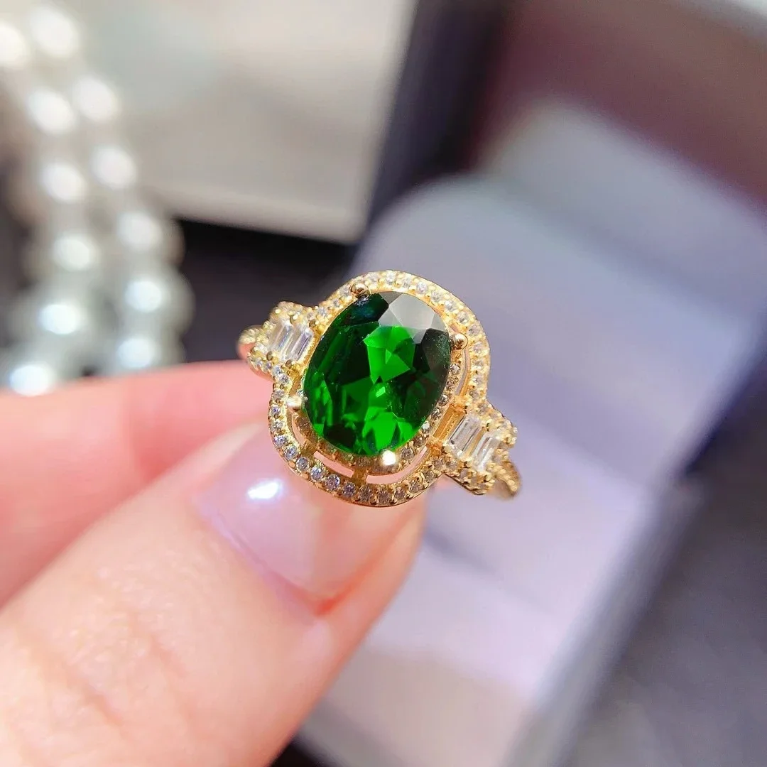 Luxury 925 Silver Diopside Ring for Party 6mm*8mm 1ct Natural Chrome Diopside Ring Vintage 18K Gold Plated Silver Jewelry