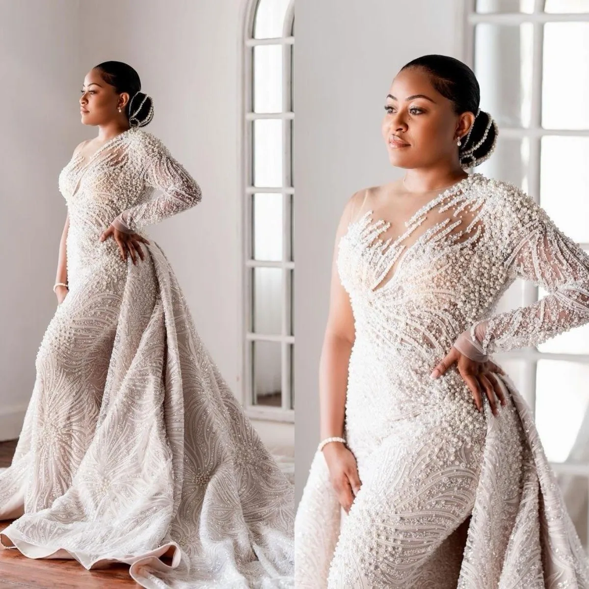 Customized Handmade Bride Dress One Shoulder Pearls Beaded Rhinestones Sequins Wedding Gowns Mermaid Sweep Train Bridal Dresses
