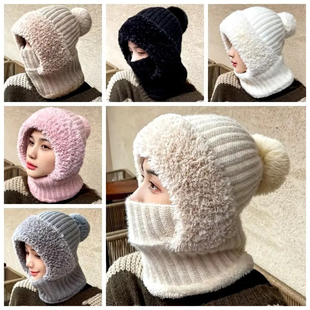 Fashion Winter Warm Fleece Lined Knit Hat Thermal Cashmere Plush Fur Beanies Cap Neck Warm Windproof Integrated Pullover Hat