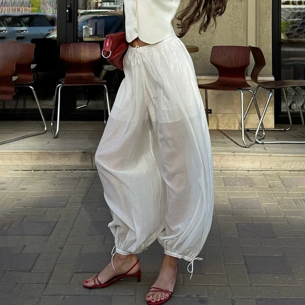 

Spring and Summer Women Semi Transparent Leg Tied Lantern Pants Elegant Loose Soft Office Beach Travel Mid Waist Casual Pants