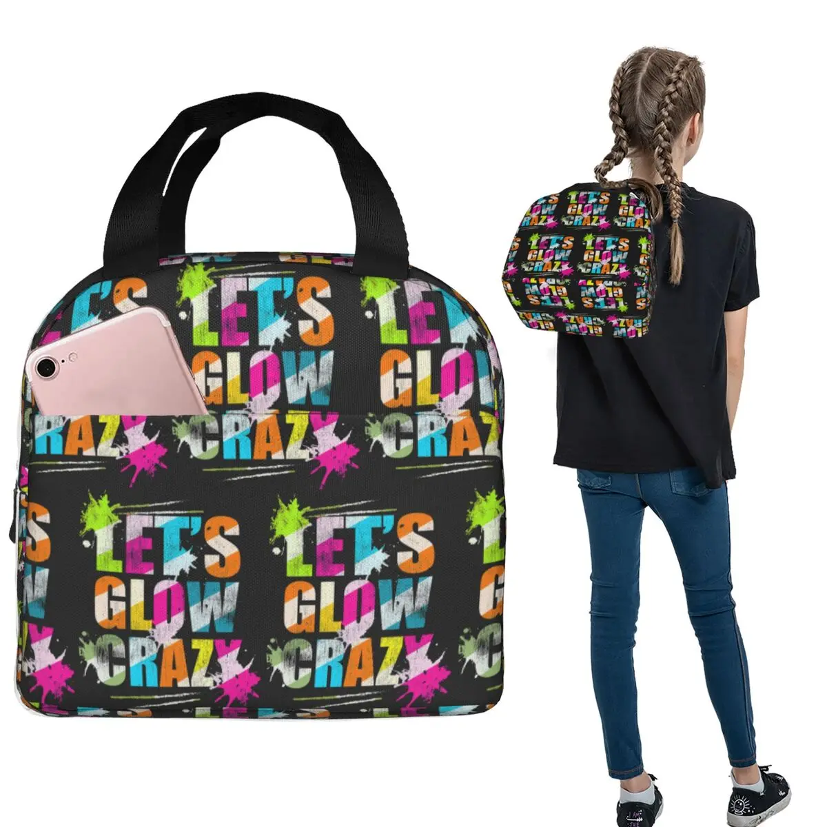 Let's Glow Crazy Neon Party Light Rave Insulated Lunch Bag for Women Kids Leakproof Food Boxes Thermal Lunch Box Tote