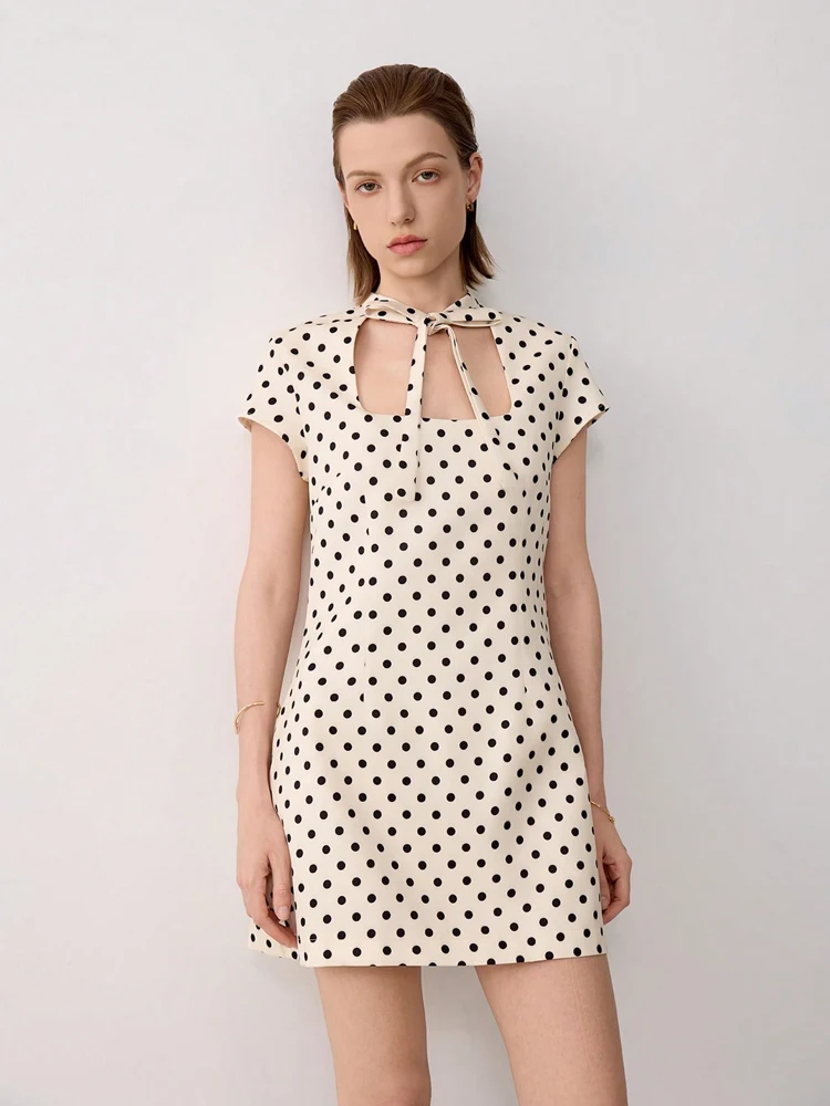 Damen-Minikleid mit Polka-Dot-Print, Frontschleife und kurzen Ärmeln für Partys – Detail 8