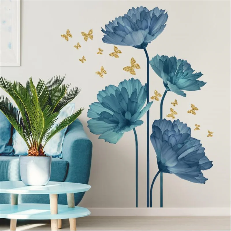 Romantic Blue Flowers Butterfly Wall Sticker Living Room Bedroom Decor Home Wall Decor Self-adhesive Stickers Room Decoration