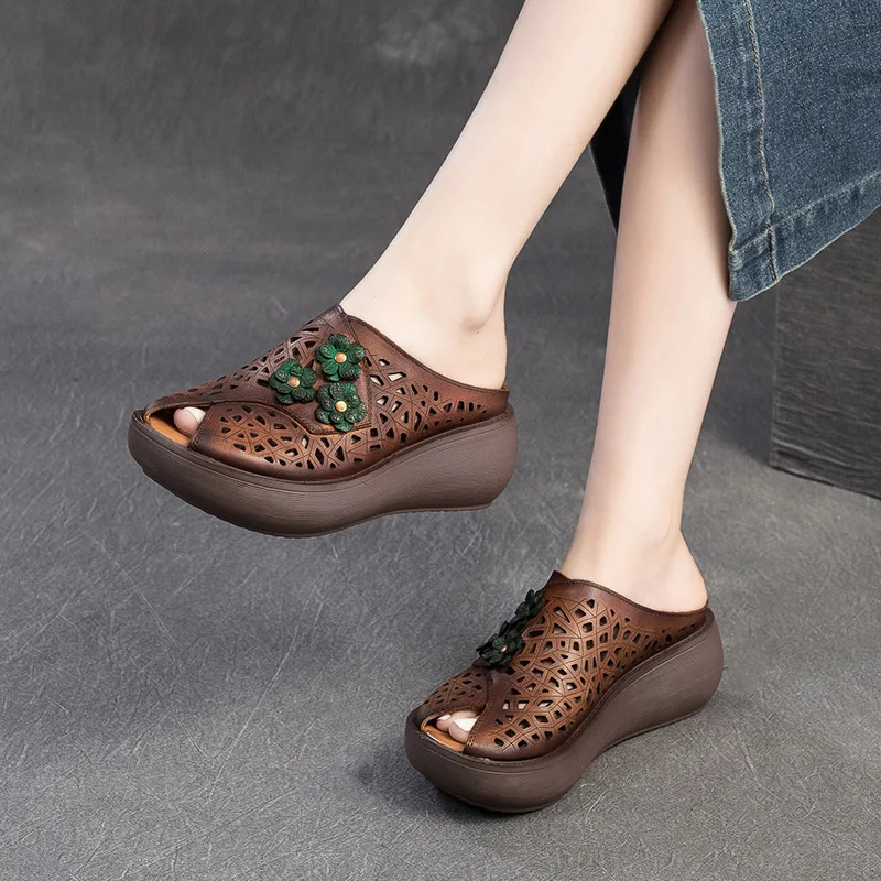 GKTINOO 2024 Fashion Cut-outs Women Shoes Slippers Summer Peep Toe Wedge Sandals Genuine Leather Lady Slides Shoes Woman