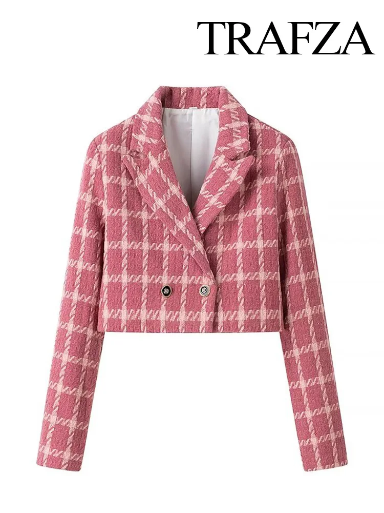 TRAFZA Autumn Female Elegant Turn-down Collar Long Sleeve Button Decoration Women Small Fragrant Style Plaid Blazer Coat 2-color