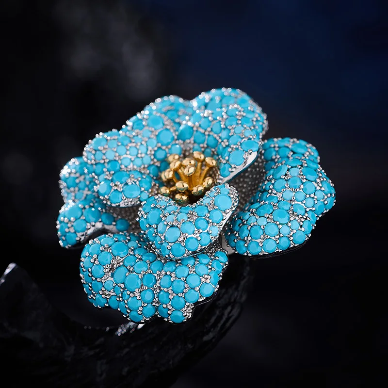 Premium Genuine Exquisite Handcrafted Microset Turquoise Sculpted Peony Brooch Elegant Luxury Suit and Coat Evening Gala Corsage