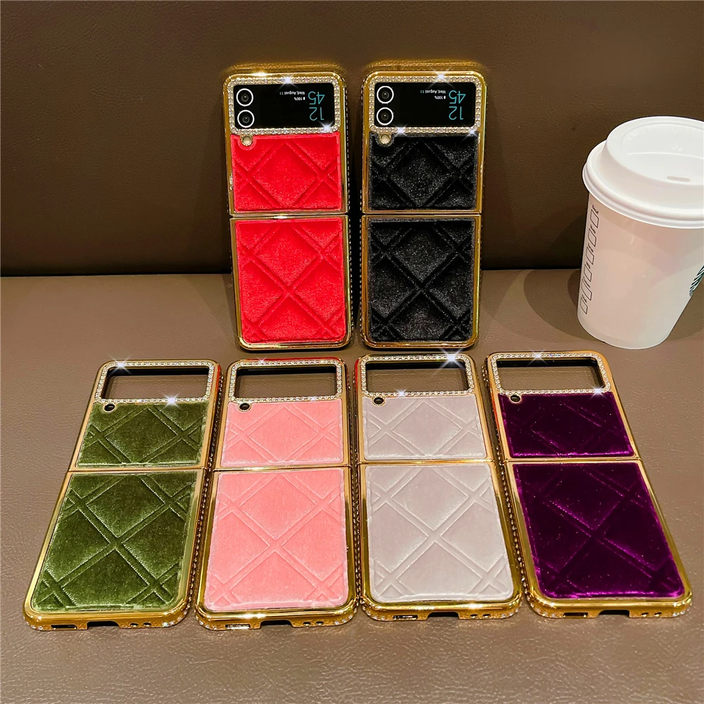 Luxury Gold Bling Diamond Plaid Lattice Velvet Plush Cover Soft Fabric Cloth Case for Samsung Galaxy Z Flip 3 Z Flip 5 Z Flip 4