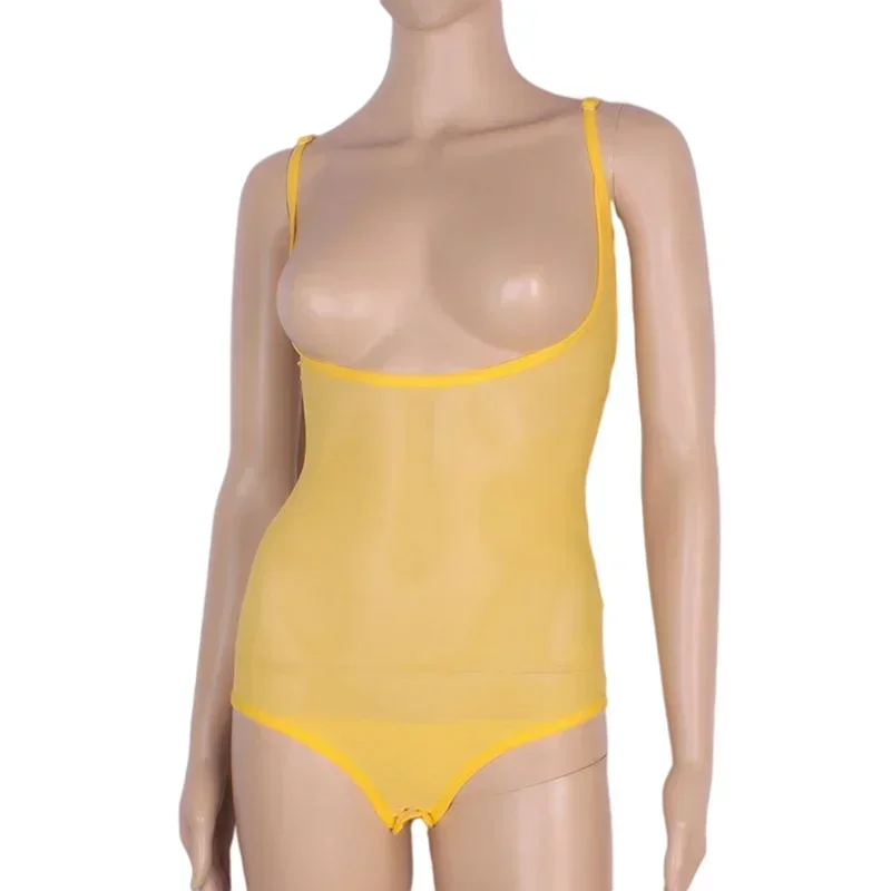 Camisola Sexy transparente con empalme de malla para mujer, camisola transparente con cuello Halter, Top de danza del vientre sin mangas, piel básica de Color sólido