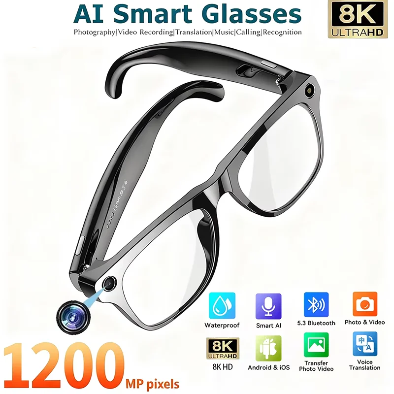 

8K AI Smart Glasses Multifunctional Camera Bluetooth Call Voice Assistant Music Player Translate Photochromic HD Glasses