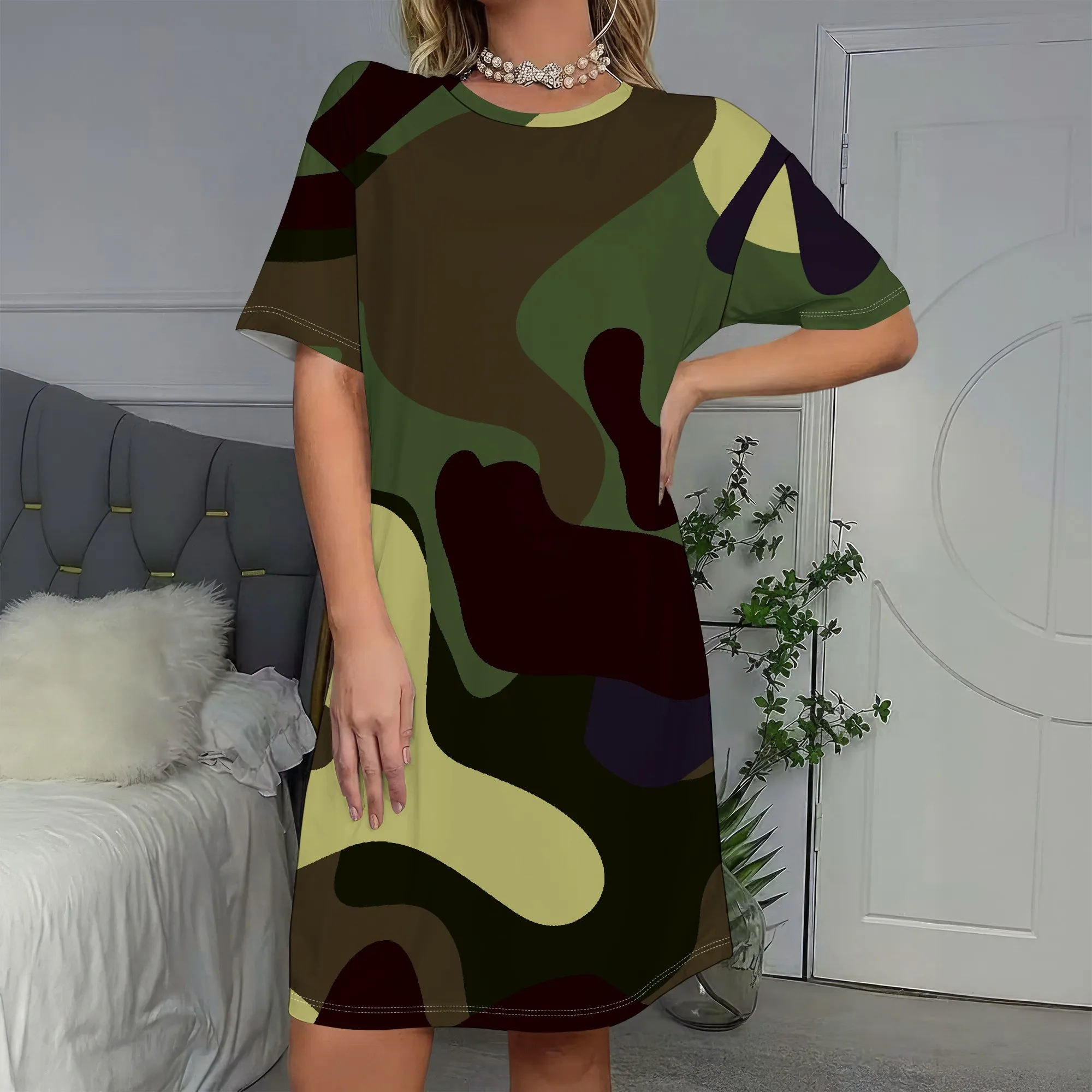 

Camouflage Short Sleeve Dress, Camo Print T-Shirt Dress, Casual Loose Fit, Women's Summer Fashion, S-2XL