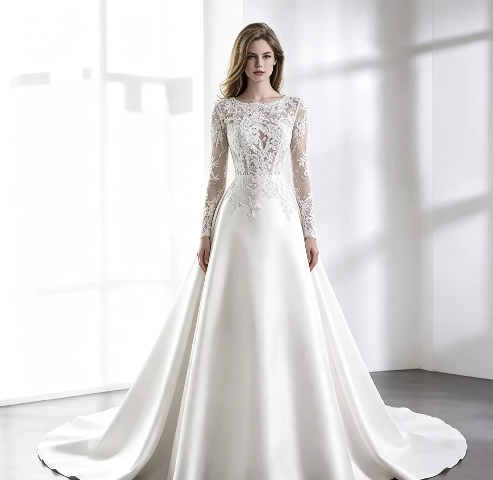 White Lace Wedding Dress Women Long Sleeve Illusion Bateau Neck V Back Satin A Line Bridal Gown With Pockets Train Customized