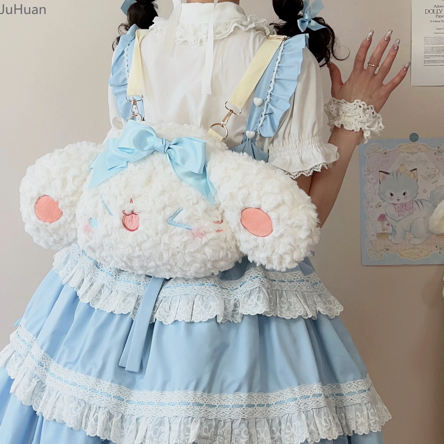Borsa a tracolla da donna giapponese Kawaii Borse Lolita dolci e carine Fiocco in peluche Cucciolo impertinente Bella ragazza Zaino di grande capacità Donna