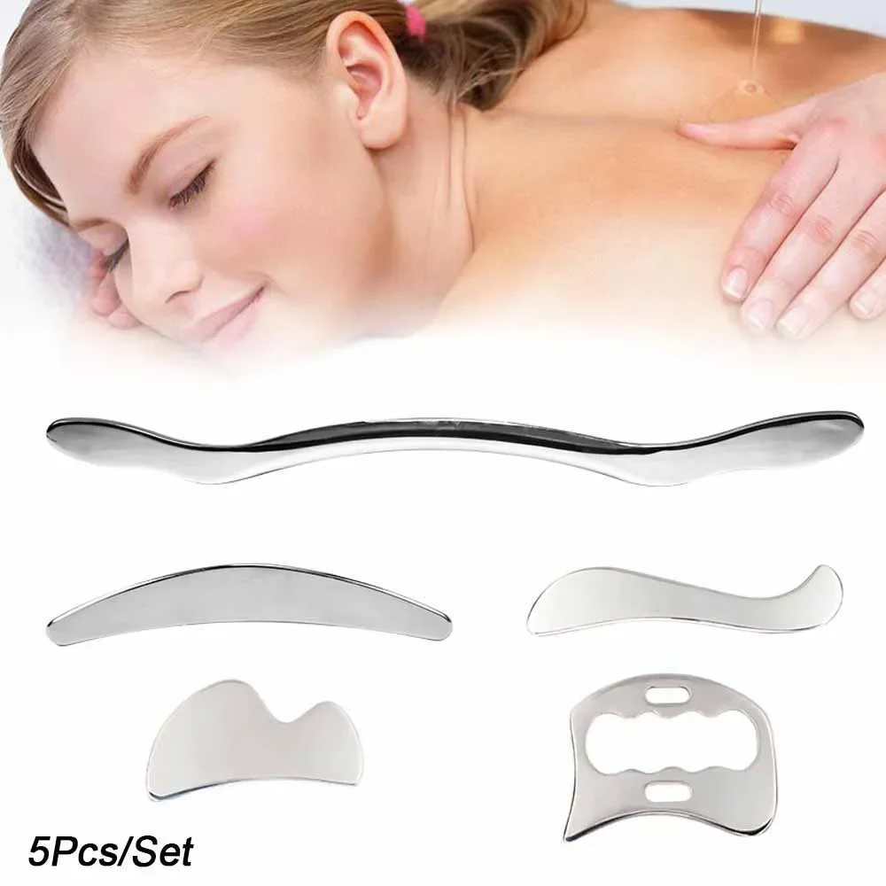 

5Pcs Stainless Steel Gua Sha Scraping Massage Tool Set IASTM Tool Set, Great Soft Tissue Mobilization Tool Physical Therapy