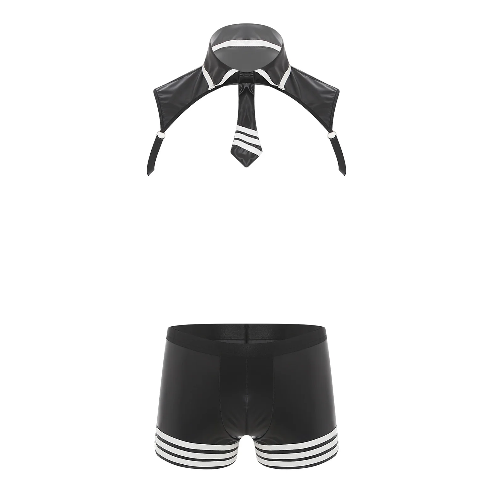 ชุดชั้นในชายลายทาง ชุดครอปท็อปผูกเนคไท พร้อมเสื้อคลุมและกางเกงบ็อกเซอร์ หนังเทียมเนื้อนุ่ม ชุด 2 ชิ้น สำหรับใส่ไปไนต์คลับหรือออกเดท