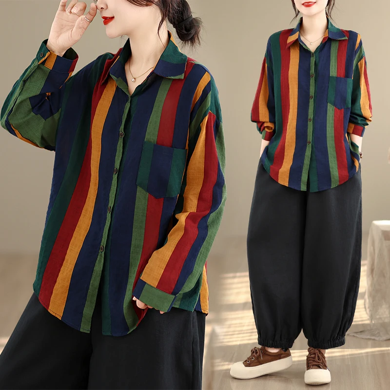 

Ретро-рубашка в полоску для женщин, повседневная, свободного кроя, больших размеров, скрывающая недостатки фигуры, модный топ из хлопка и льна с длинным рукавом, весенняя коллекция