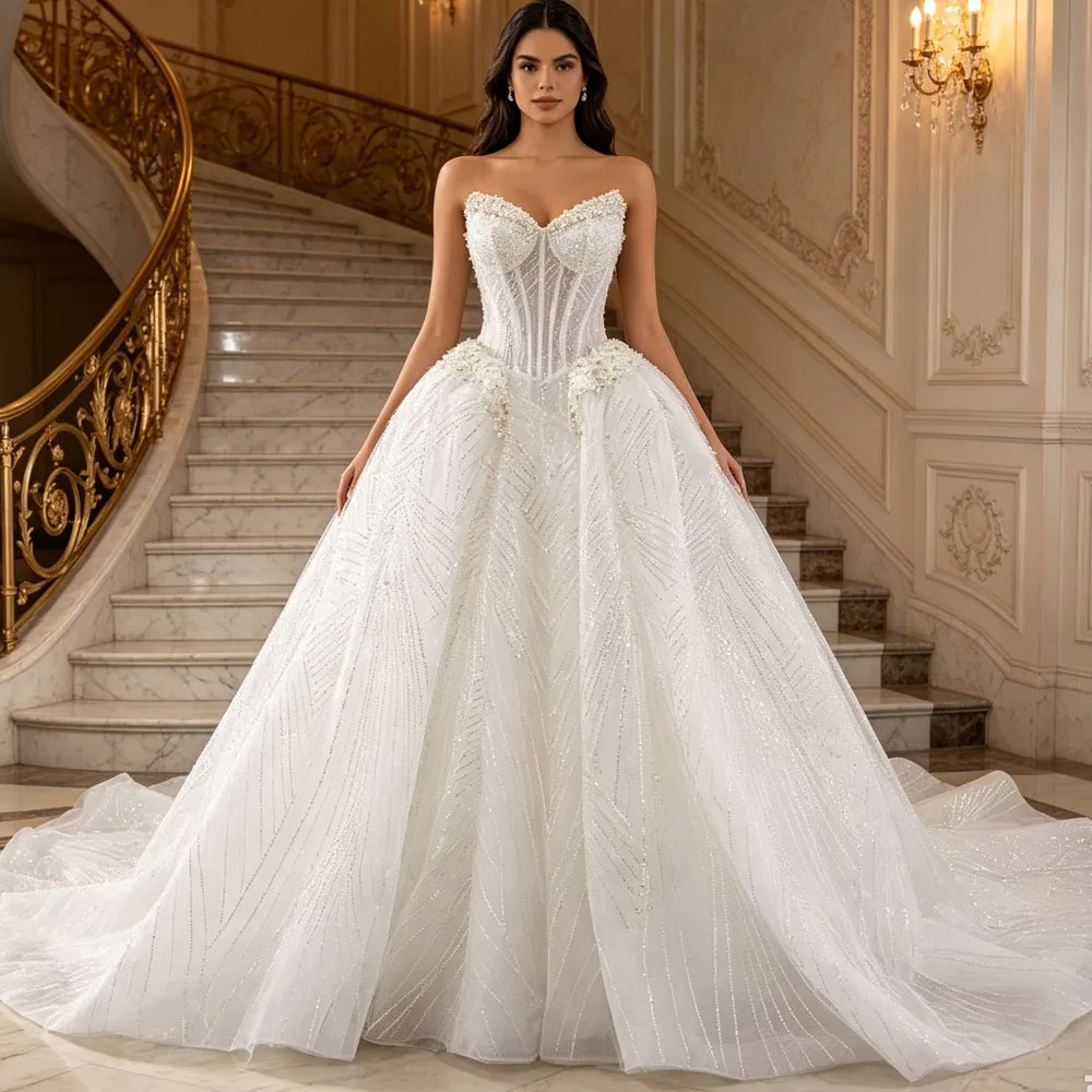 Customized Wedding Dress Detachable Sleeves Sweetheart Lace Up Back Beading Crystal Sequined Robes Mariage 2026