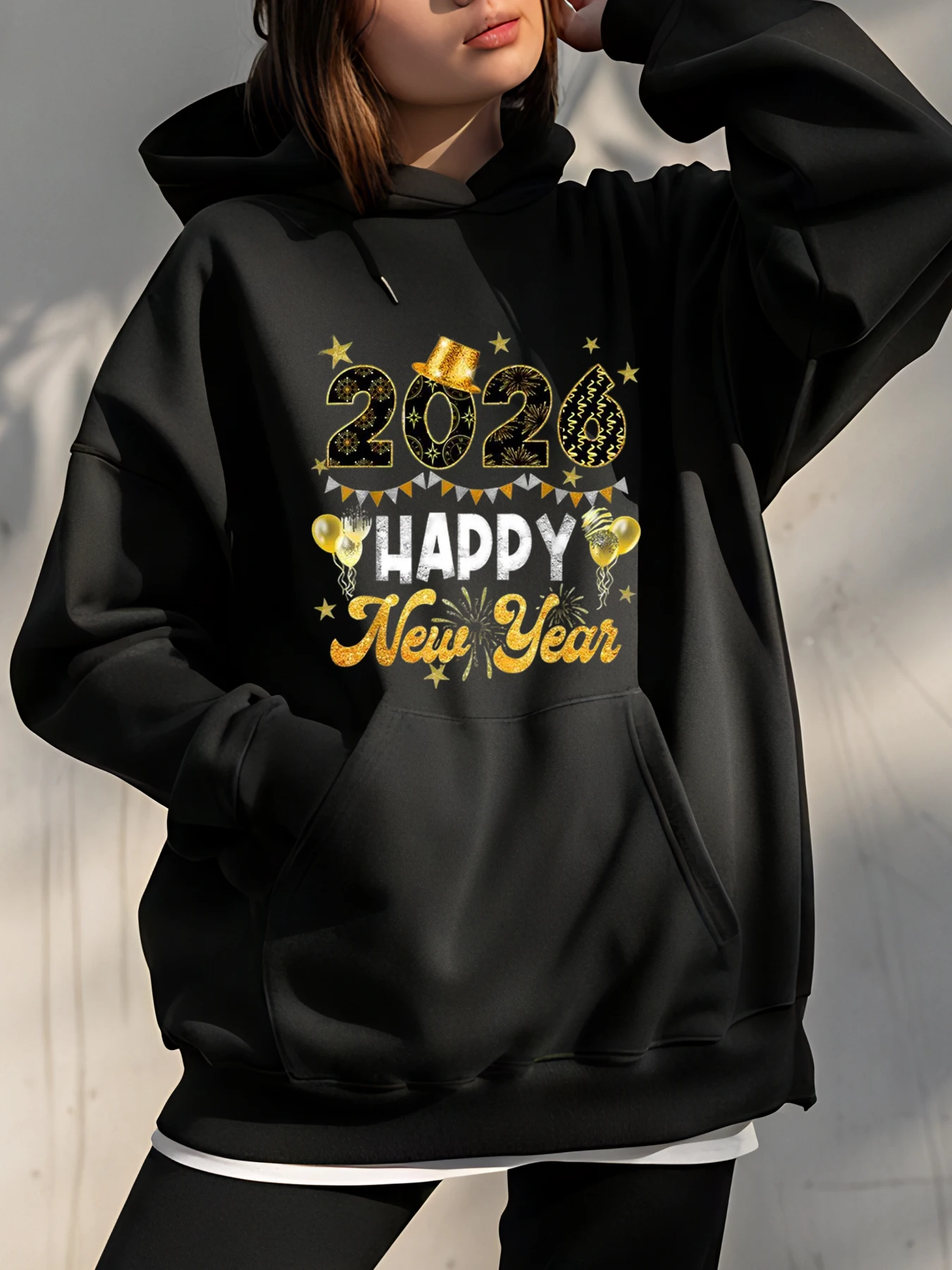Felpa con cappuccio di Capodanno 2024 Felice Anno Nuovo Stampa Felpa da festa casual da donna Maglione di moda per le vacanze di Natale per le donne