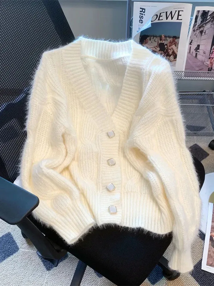 

Elegant Chic Women Cardigan Sweaters Sweet Korean Fashion V Neck Knitted Coat Fall Long Sleeve Female All Match Tops New