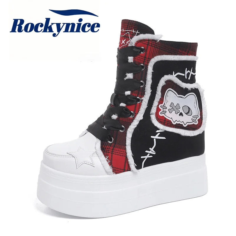 10.5CM Heels Gothic Boots Lace-up New Autumn High Top Chunky Sneakers for Women Canvas Shoes Cartoon Cat Patch Punk Ankle Boots