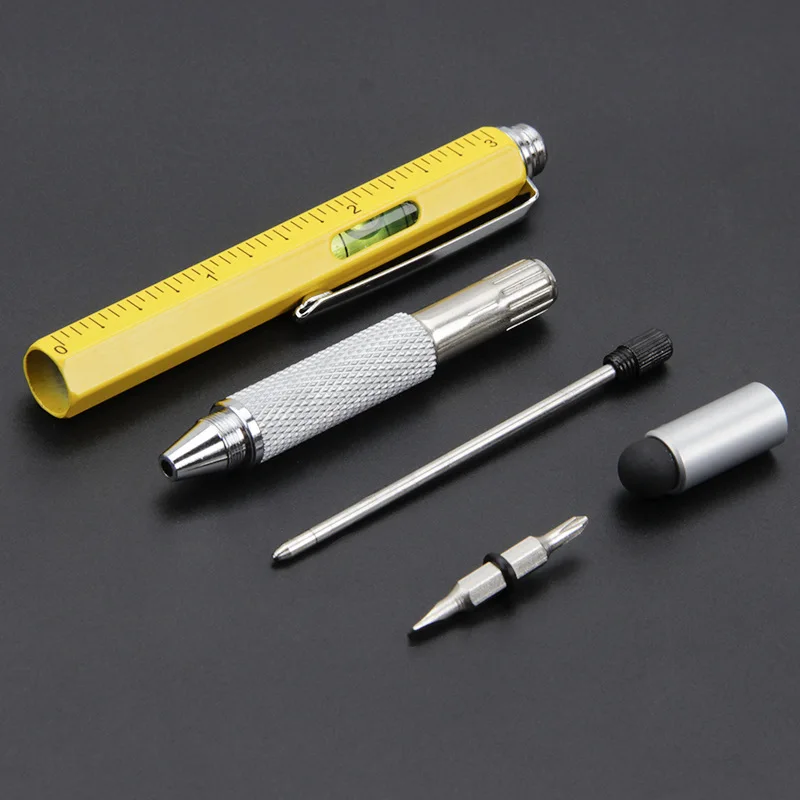 6 in 1 Multifunctional Pen Touch Screen Stylus Capacitive Pen with Screwdriver Ruler Levelgauge Refillable Ballpoint Pencil Tool