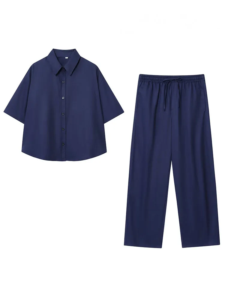 

HH Women Solid Casual Pants Suit Single-breasted Long Sleeve Turn-down Collar Shirt+Pockets Lace-up Elastic Waist Pants