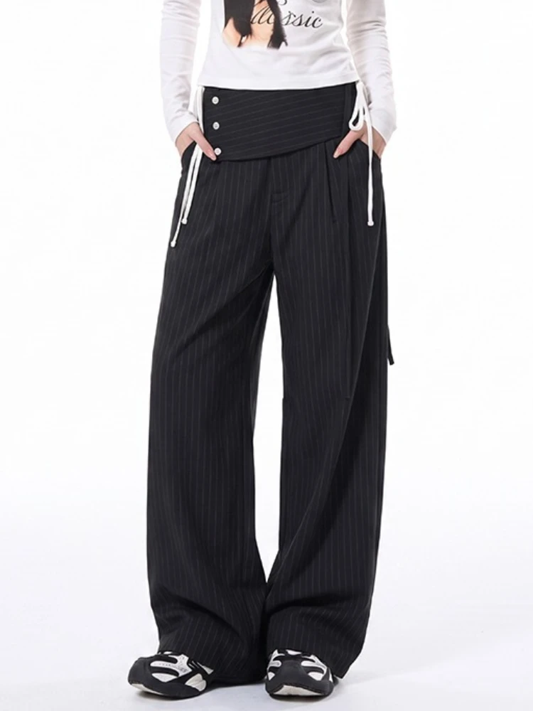 Detachable Skirt Panel Striped Suit Pants Women Turn Up Cuff Tie Waist Straight Wide Leg Trousers Loose Casual Streetwear Pants