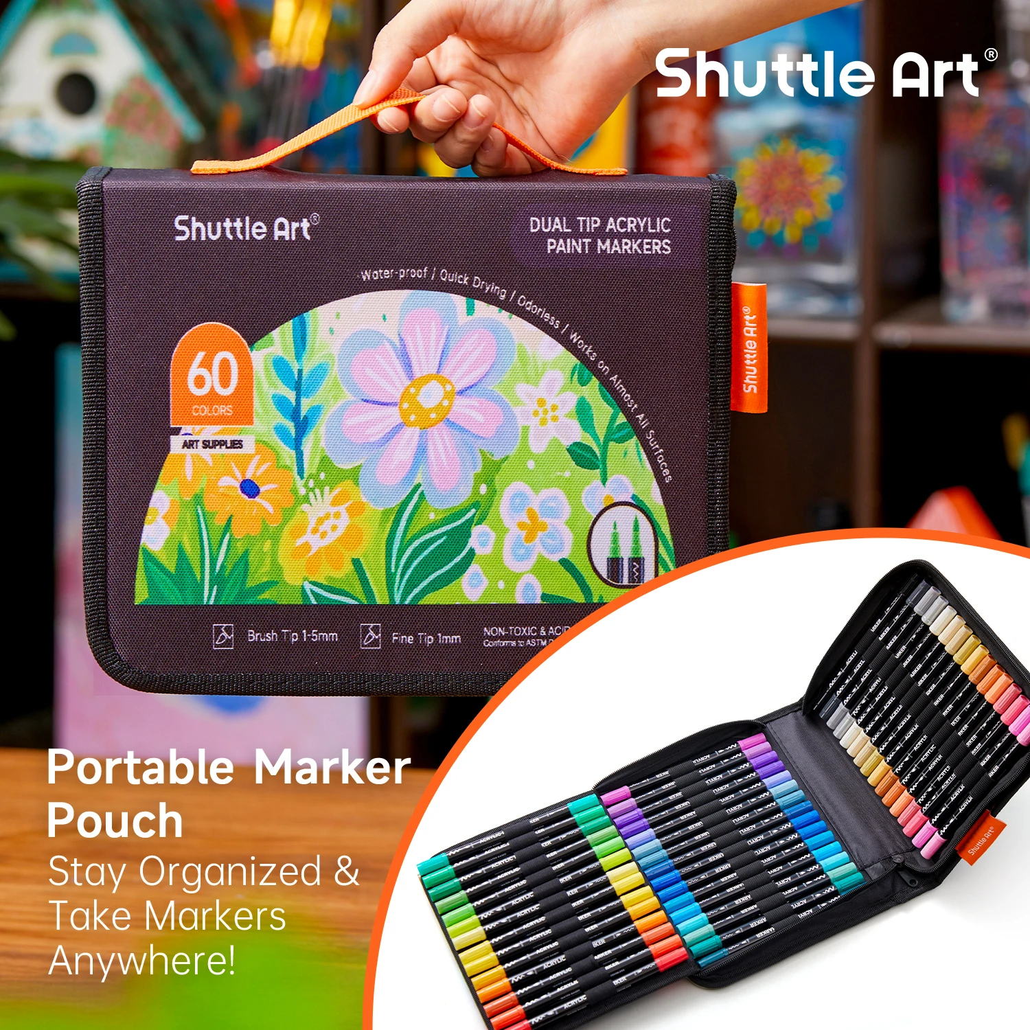 Shuttle Art 60 Colors Dual Tip Acrylic Paint Markers, Brush Tip and Fine Tip Acrylic Paint Pens for Rock Painting, Ceramic, Wood, Canvas, Plastic, Glass, Stone, Calligraphy, Card Making, DIY Crafts