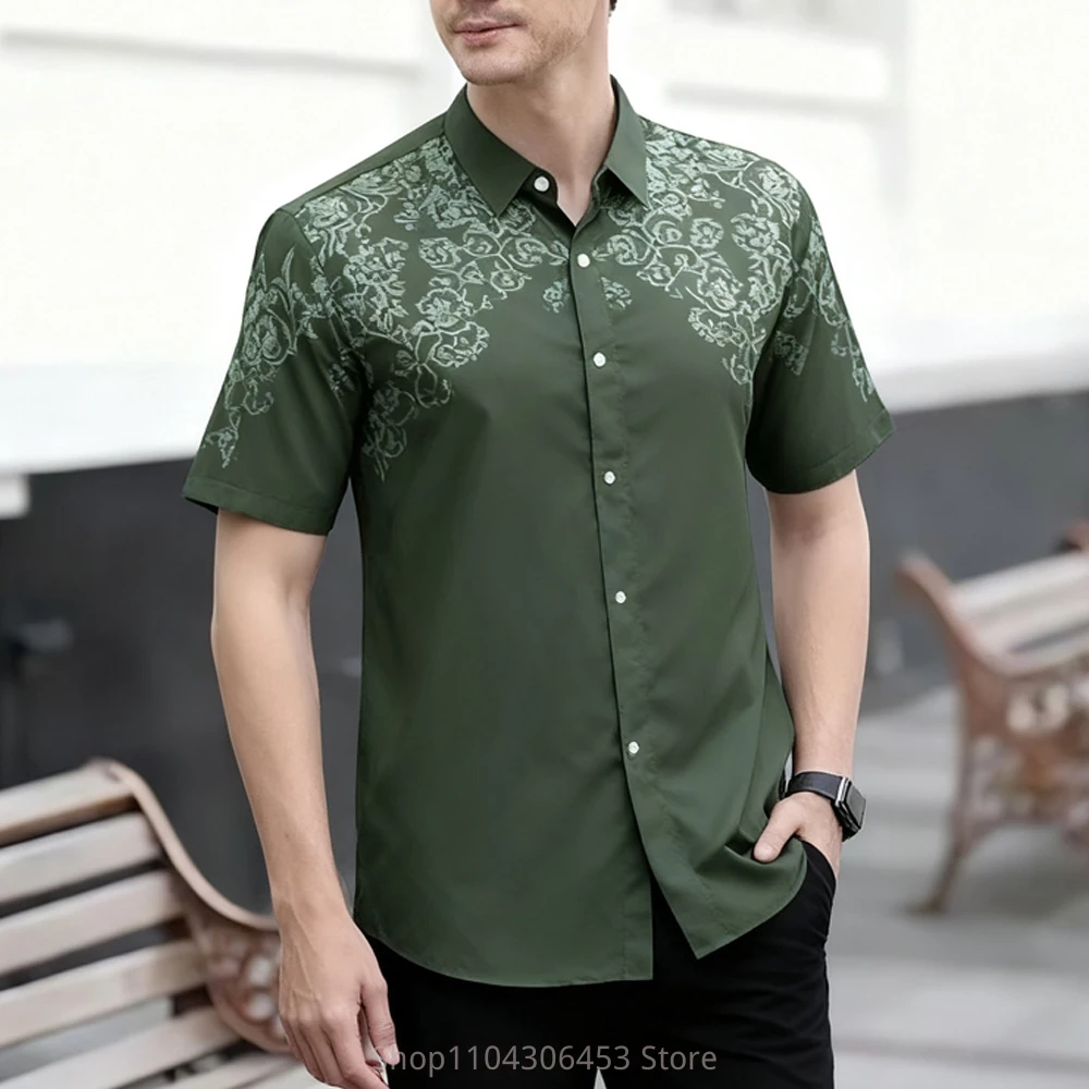 

Men's simple retro stand-up collar short-sleeved shirt natural curly grass pattern 3D printing casual fashion T-shirt vacation