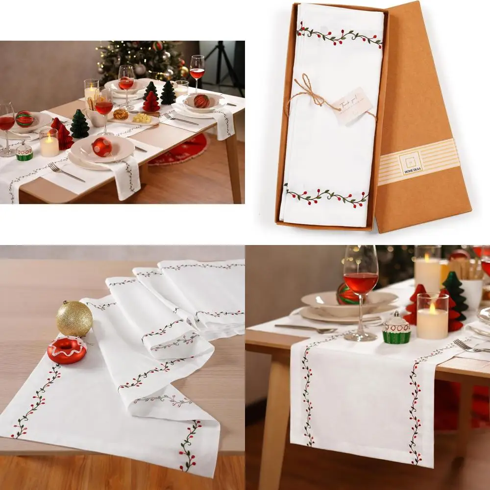 

120-Inch Christmas & Fall Festive Cotton Linen Table Runner with Red & Green Embroidery for Dining and Holiday Decor