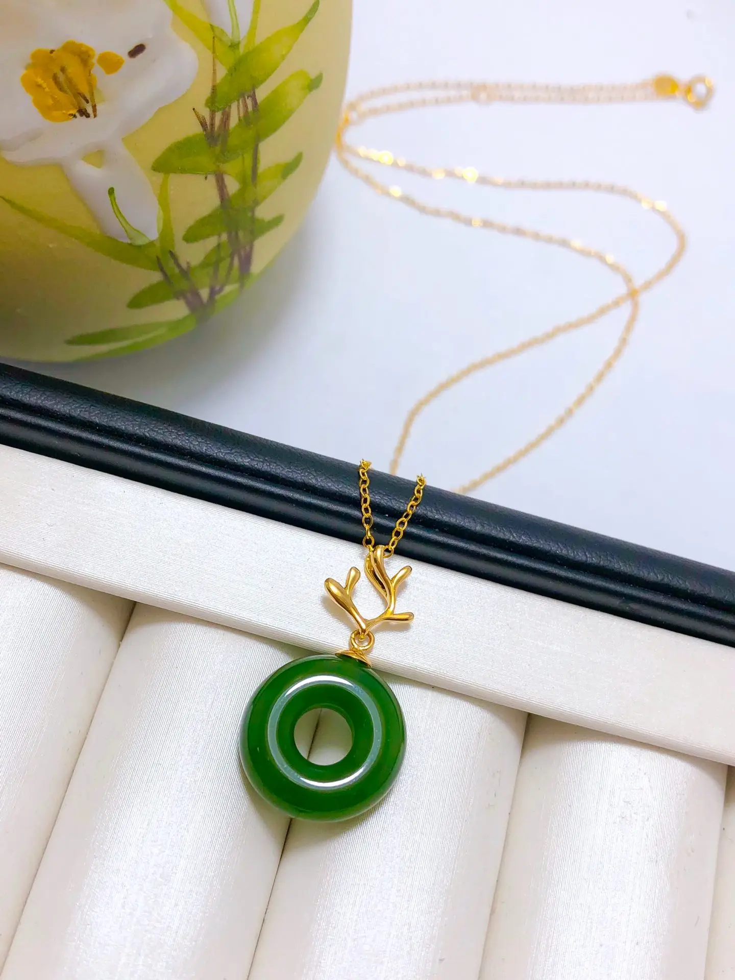 

SHILOVEM 18k yellow gold Natural green Jasper pendants no necklace classic fine Jewelry women gift new 14mm yzz14148876by