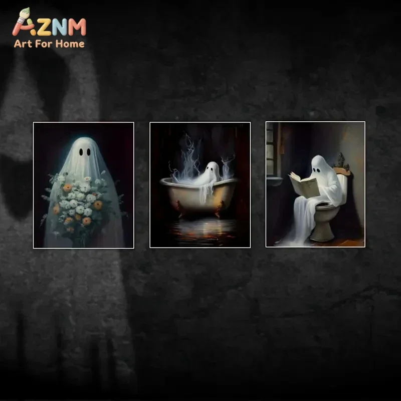 AZNM Funny Casual Ghost Canvas Wall Art Flower Bathtub Toilet Reading Ghost Print Gothic Halloween Bathroom Home Decor
