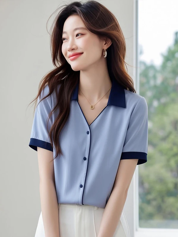 

Summer V-Neck Short Sleeve Chiffon Shirt Women's Fashion Classy OL Top Polyester Fiber Regular Sleeve Length Single Piece