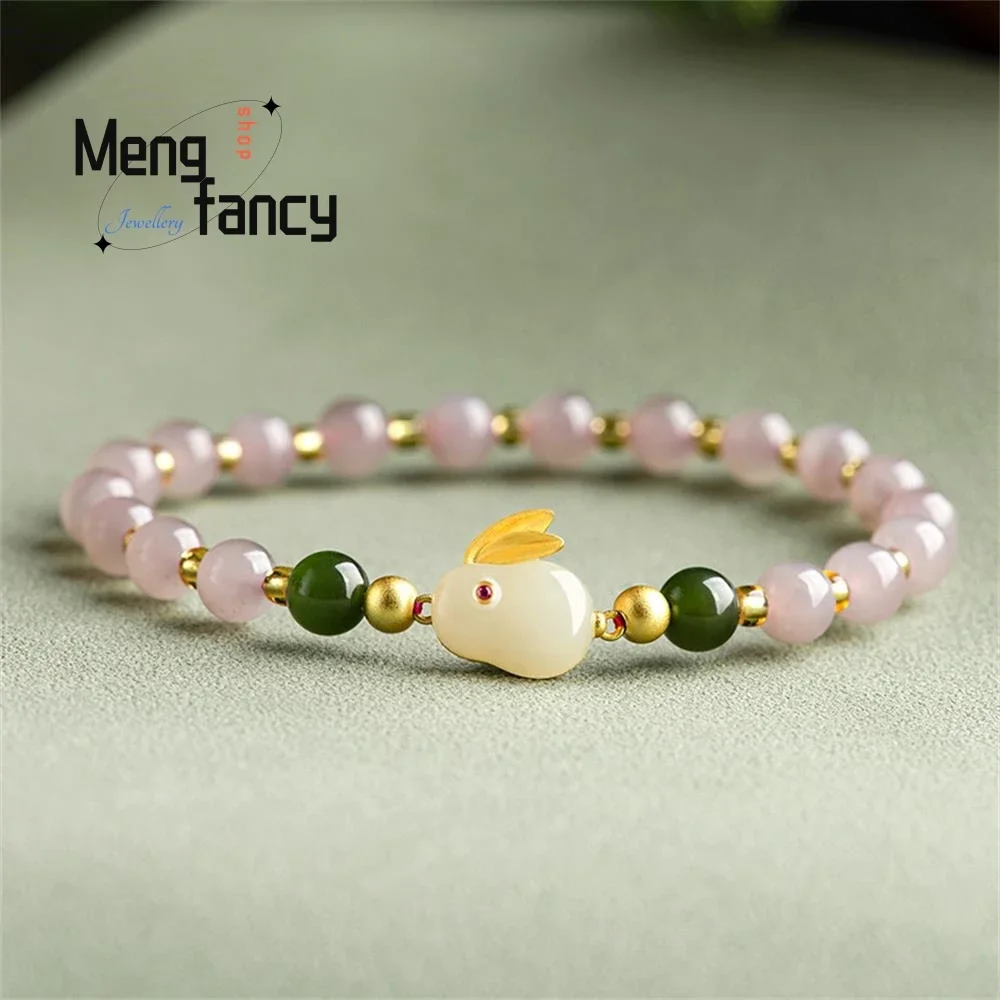 

Genuine Natural Hotan Smoke Purple Jade Zodiac Rabbit Beads Bracelet S925 Silver Inlaid Fashion High-grade Women's Hand Jewelry