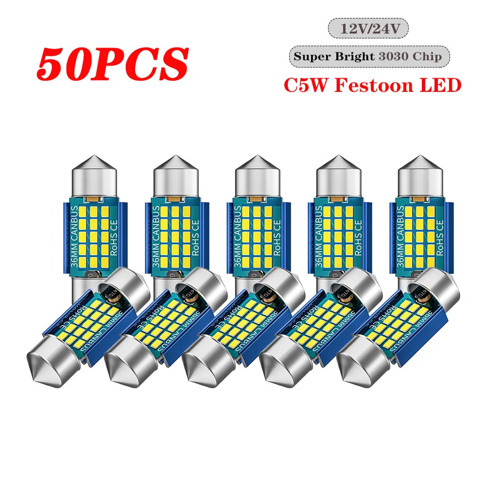 DXZ 50Pcs C5W LED Bulbs Canbus Festoon-31MM 36MM 39MM 41MM C10W Car Interior Dome Reading Light Auto License Plate Lamp 12V 24V