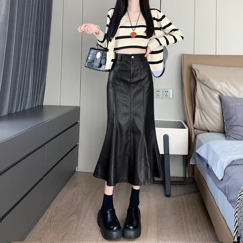 

2024 Autumn Winter PU Skirt for Women Fashionable A-Line Fishtail Bodycon Skirt Korean Version High Waist Flattering Long Skirt