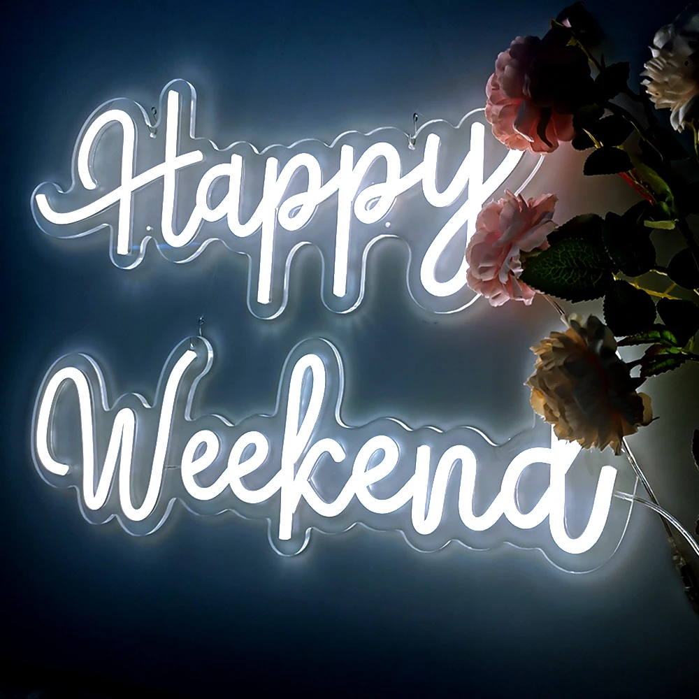 Happy Weekend LED Neon Sign for Holidays Party Wall Decor Dimmable Reusable Neon Warm Light Happy-50x22cm & Weekend-55x18cm