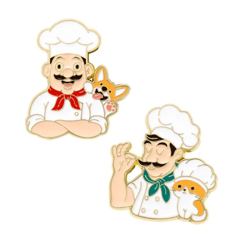 Insignias con forma de perro gato chef de dibujos animados, alfileres de aleación de la serie de mascotas lindos de personajes creativos, accesorios para bolsos de ropa, regalos para amigos