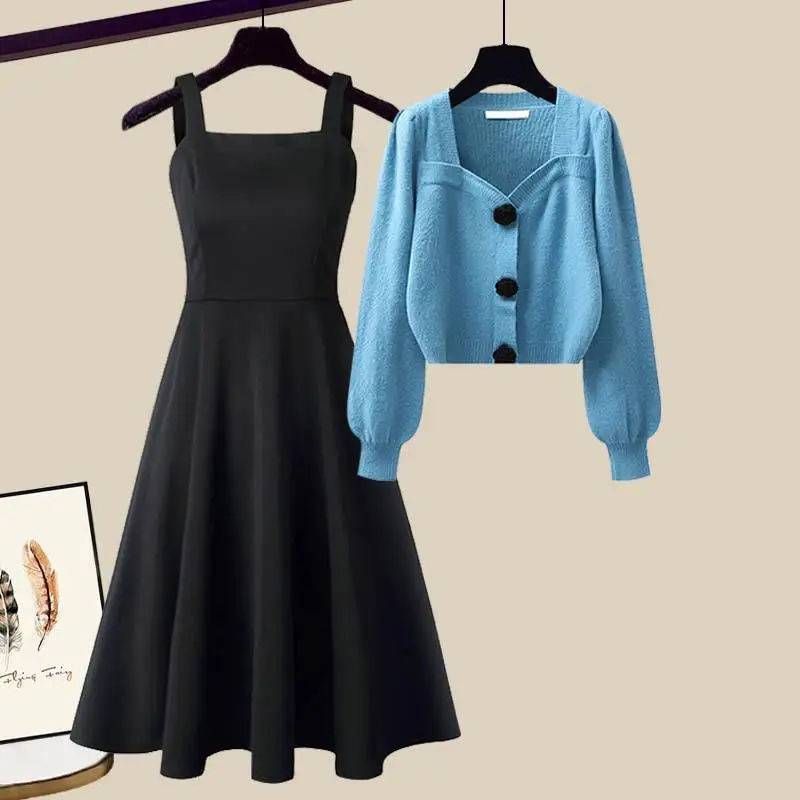 Imagem -03 - Conjunto de Vestido de Cardigã Feminino Moda Outono Preto Elegante Estilingue Fino de Cintura Saia Longa Conjunto de Correspondência Peças